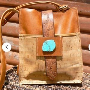 Cognac Cowhide Crossbody Bag with Natural Cork Pocket